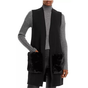 Kobi Halperin Women Medium Sweater Vest Karla Faux Fur Pocket Black